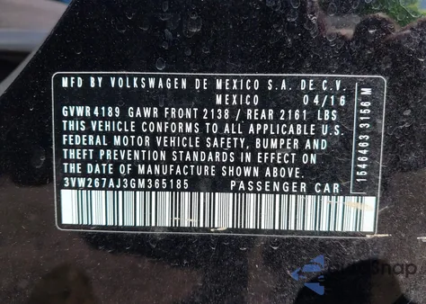 2016 Volkswagen Jetta 1.4T S from USA, damaged, VIN 3VW267AJ3GM365185